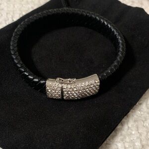 Black Leather Bracelet with Silver Clasp
